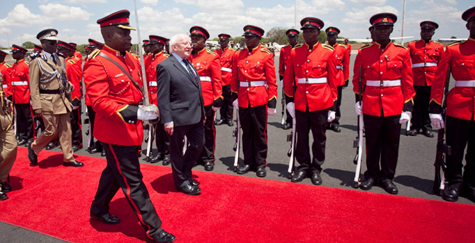 Pictured is President Michael D Higgins inspecting the Guard of Honour after his arrival to Kazumu International Airport, Lilongwe, Malawi. Photo Chris Bellew / Copyright Fennell Photography 2014