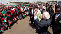 Pictured is President Michael D Higgins bidding farewell after his arrival to Kazumu International Airport, Lilongwe Malawi where he was greeted with a traditional welcome. Photo Chris Bellew / Copyright Fennell Photography 2014
