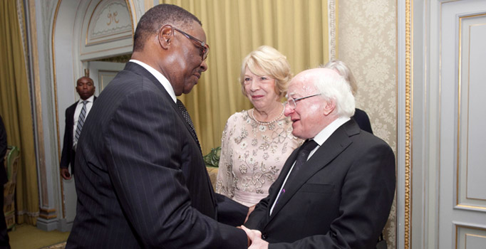 Pictured is President Michael D Higgins and his wife Sabina with Mr Arthur Peter Mutharika, President of Malawi prior to an official dinner at Kamuzu Palace in Malawi. Photo Chris Bellew / Copyright Fennell Photography 2014